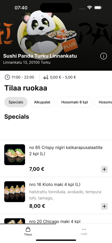 Sushi Panda App - Interface do aplicativo Sushi Panda mostrando uma lista de menu de especiais de sushi incluindo nigiri crocante e maki kioto com preços e informações de entrega
