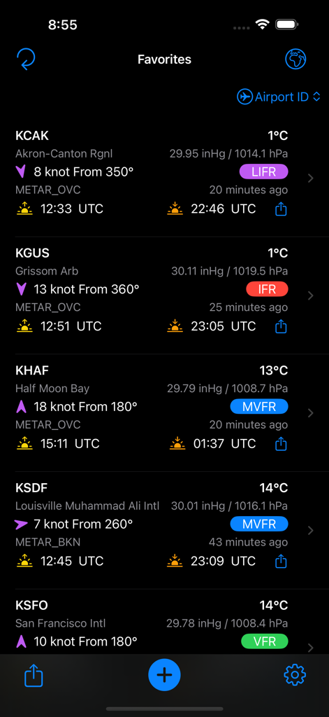 A list of favorite airports displaying METAR data, wind conditions, and flight categories like VFR and IFR.