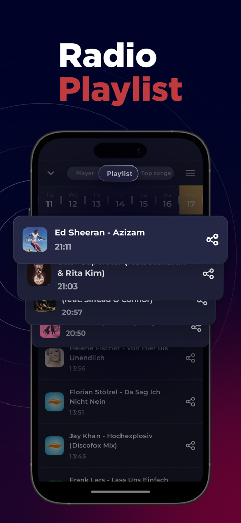 Pantalla de smartphone que muestra la función de lista de reproducción de radio con una lista de canciones y artistas reproducidos recientemente.