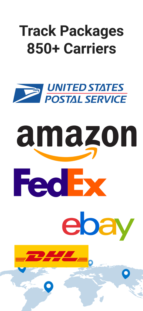 Application de suivi de colis montrant les transporteurs pris en charge comme USPS, Amazon, FedEx, eBay et DHL avec un fond de carte du monde