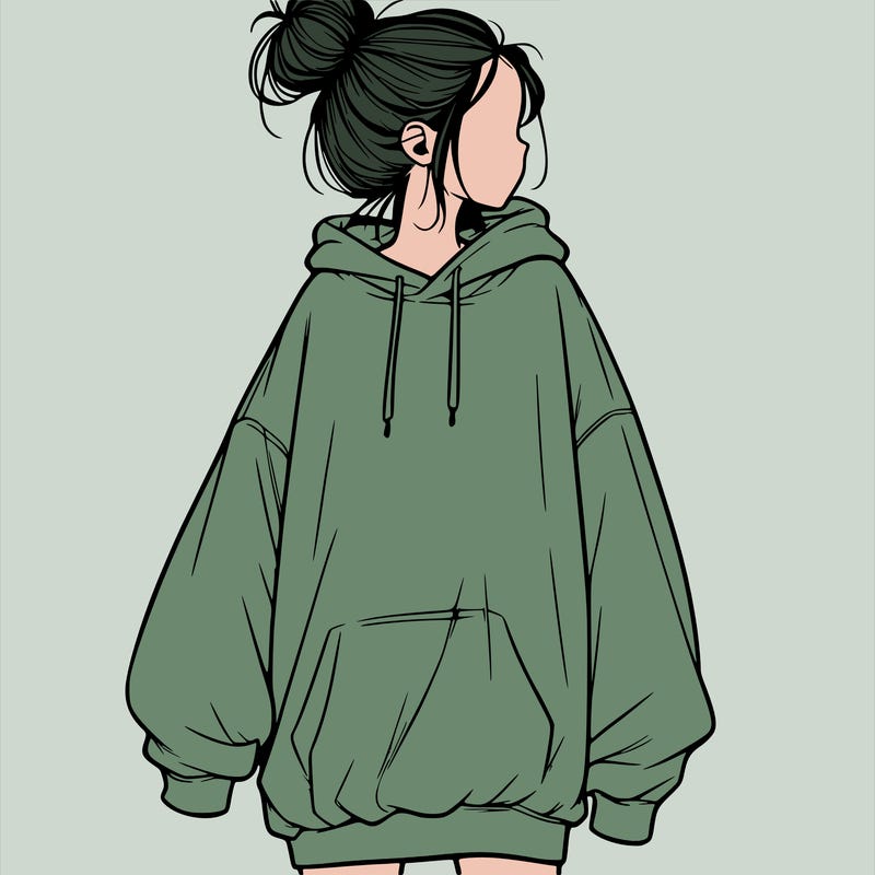 realistic girl with a oversized sweatshirt on and a bun