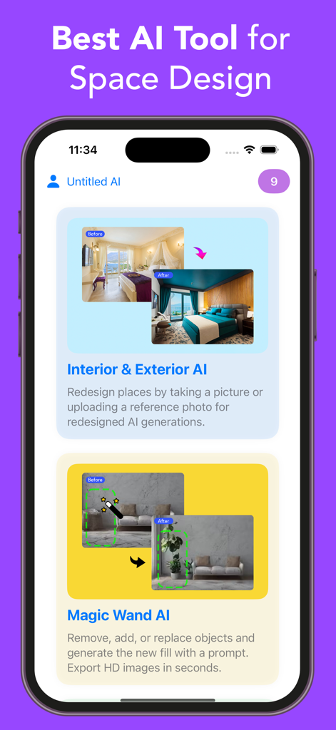 Luw AI - AI Home Design - Luw AI app interface showing interior redesign before and after shots and magic wand editing tools