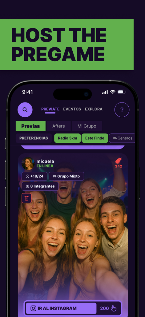 Previate Esta - Party Game - Mobile app screen showing a group profile for hosting a pregame party with social discovery features.
