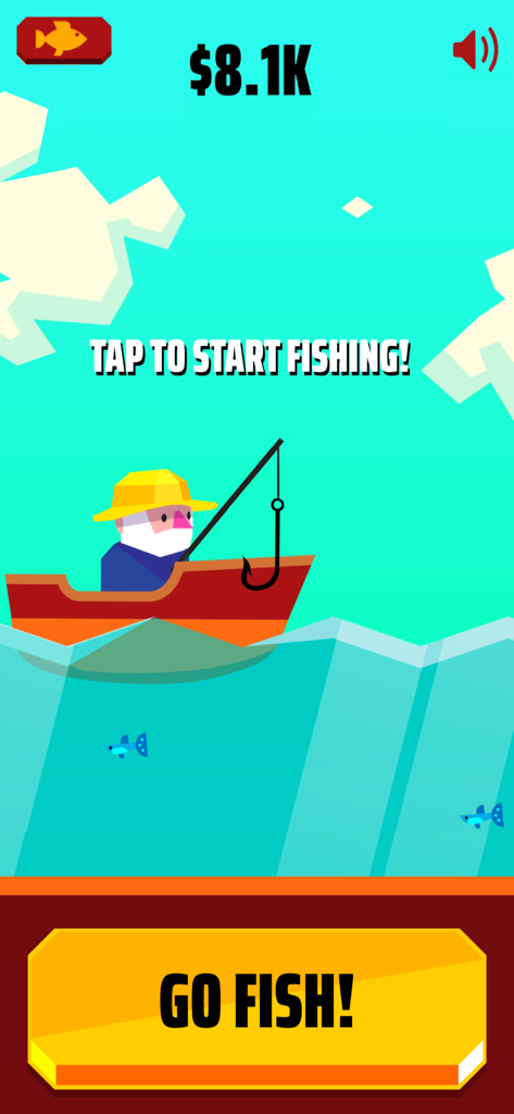 Pêcheur de dessin animé dans un bateau rouge sur l'océan du jeu mobile Go Fish.