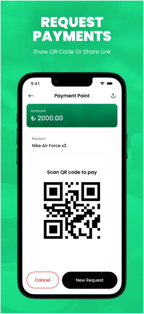 Greep Merchant - Greep Merchant app screen showing a payment request for 2000 Turkish Lira with a scannable QR code