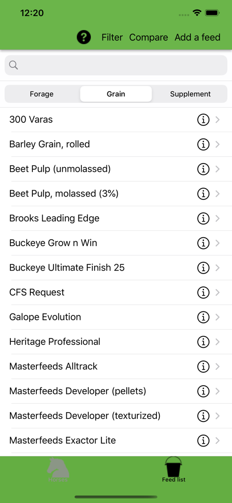 A list of various horse grain feeds within the Equine Nutrition Calculator app interface.