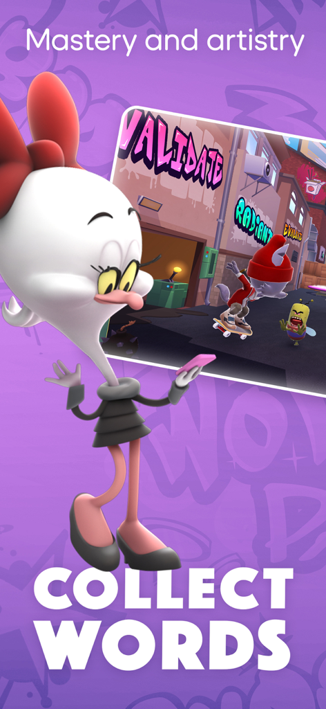 A 3D action platformer game scene in Word Tag featuring a character skateboarding past graffiti words to collect them