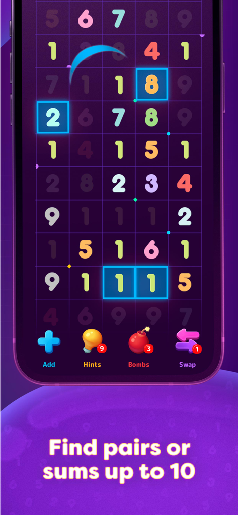 Numberzilla: Number Match Game - Numberzillaのスクリーンショット。ペアと10の合計の数合わせグリッドが表示されています。