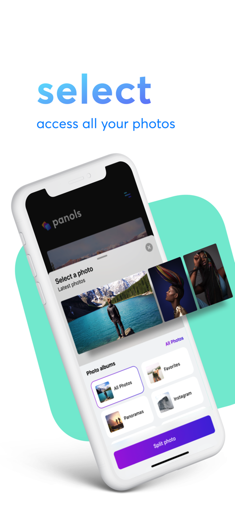 Panols - The photo selection interface of the Panols app showing albums and recent images for Instagram grid splitting