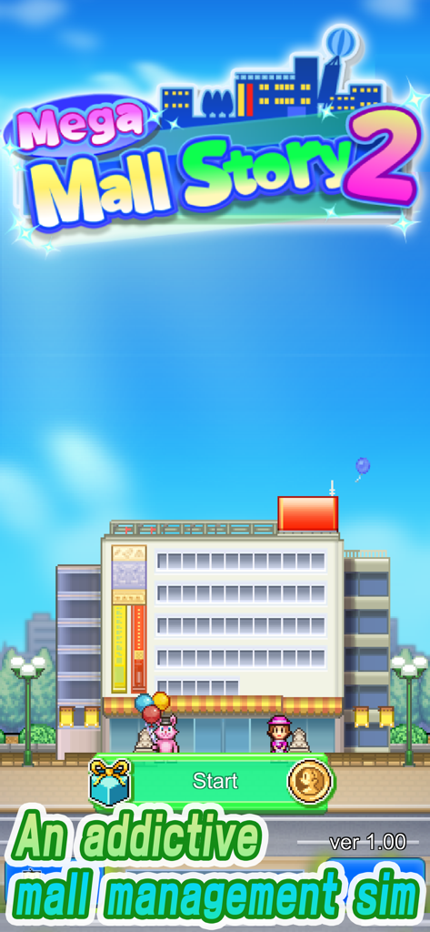 Mega Mall Story 2 start screen featuring a pixel art mall building and characters.