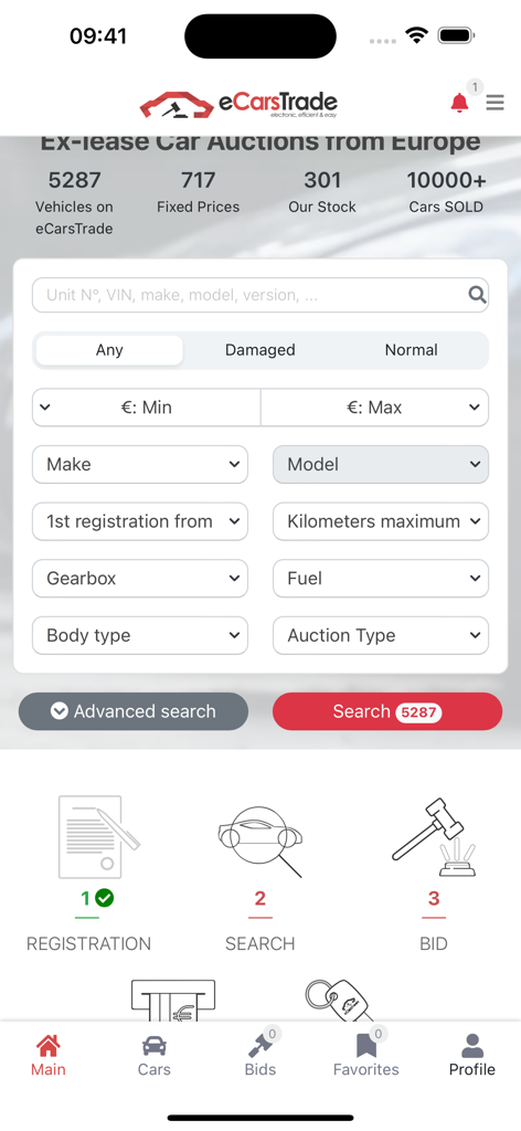 Tela inicial do aplicativo eCarsTrade mostrando filtros de busca avançados para leilões de carros usados europeus.