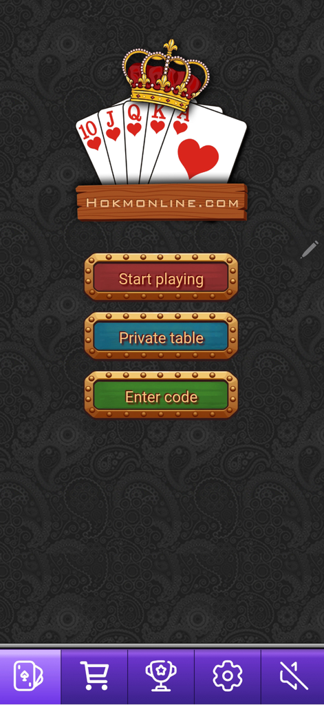 Hokm Online - حکم آنلاین - Hokm Online card game main menu screen featuring start playing, private table, and enter code buttons with a decorative card and crown logo