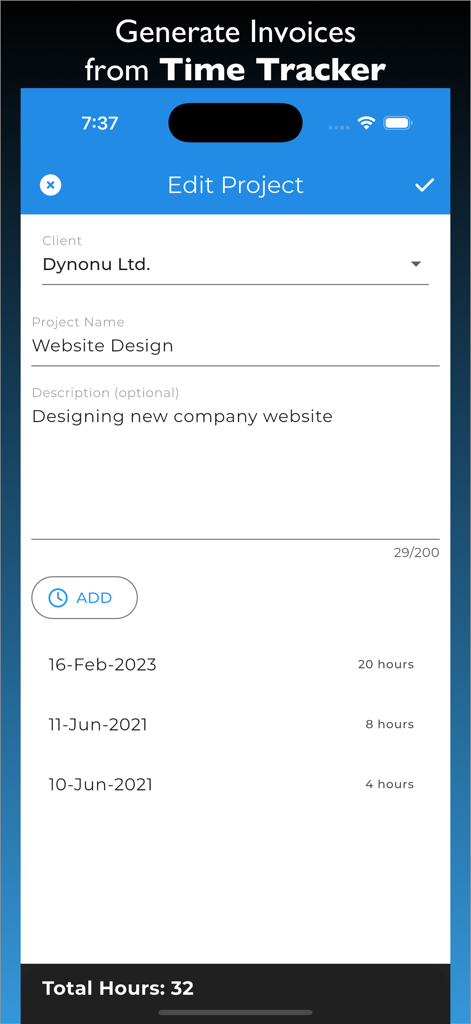 Mobile app screen for tracking project hours and managing client billing.
