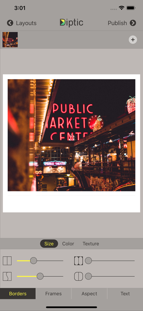 Diptic - Diptic app interface showing border customization tools and a photo of the Public Market Center neon sign.