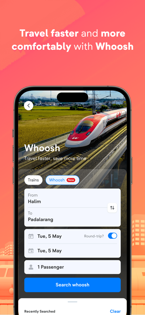 Interfaz para reservar billetes de tren de alta velocidad Whoosh en Indonesia en la aplicación tiket.com.