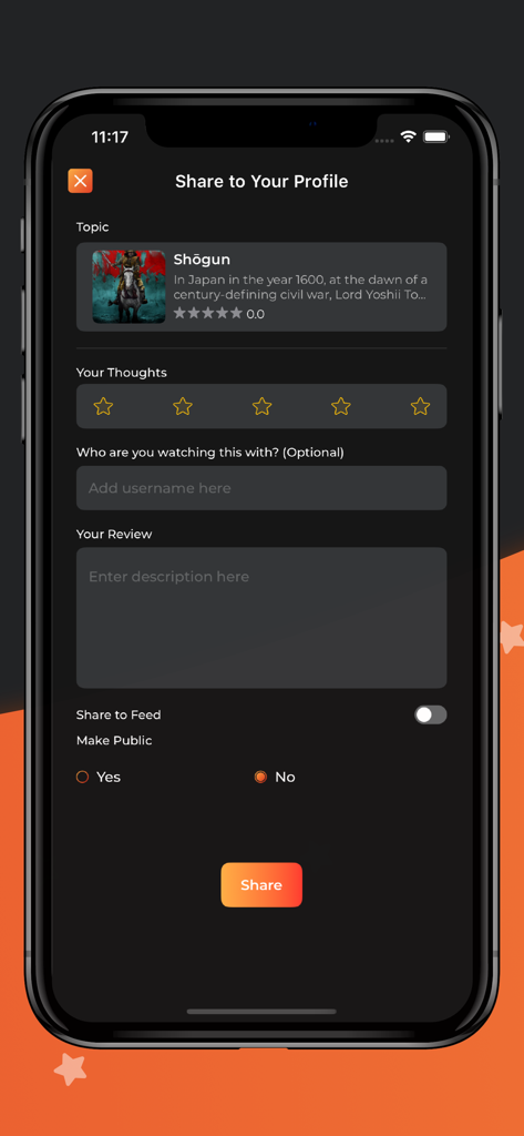 FlikPix- Find Gr8 movies fast - Uma tela de aplicativo móvel para FlikPix permitindo aos usuários avaliar e revisar a série Shogun e compartilhá-la em seu perfil.