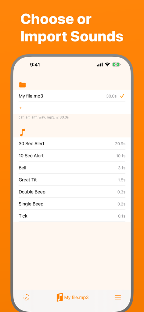 Periodic Timer + - Benutzeroberfläche zum Auswählen und Importieren benutzerdefinierter Alarmtöne in Periodic Timer plus