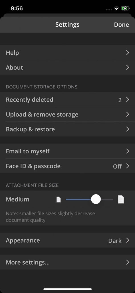 TurboScan™: document scanner - TurboScan app settings menu showing document storage and security options