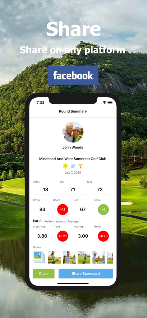 Golf Handicap - Online Golf - Golf round summary screen showing player scores and a button to share the scorecard on social media