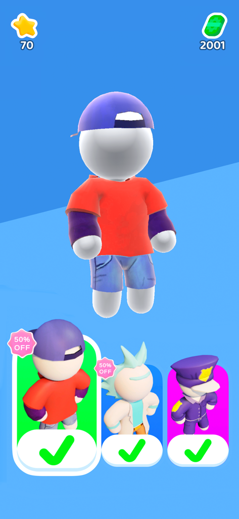 Character customization screen showing different unlockable skins like a police officer and a scientist in the Mow My Lawn mobile game.