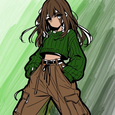 anime teen girl with baggy pants and crop top with sweater