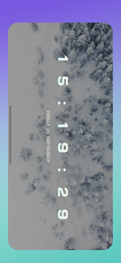 OnClock - Widget - Widget de relógio digital vertical estilizado com um fundo de floresta nevada