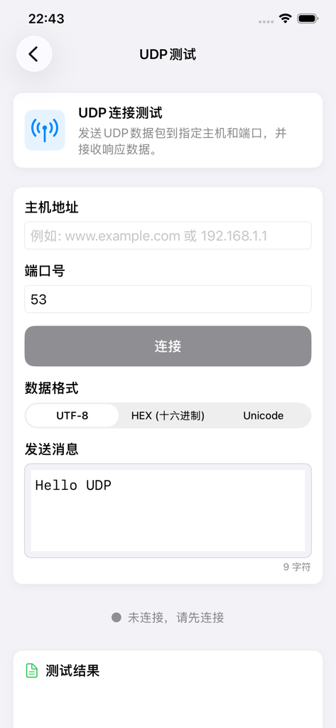 网络测试工具 - UDP connection test interface in the Network Test Tool app showing fields for host address port and message input.