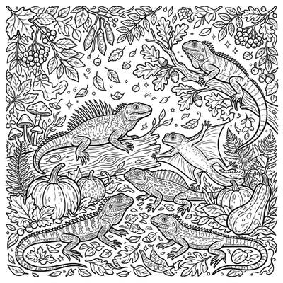 Discover a captivating coloring page featuring magnificent prehistoric lizards exploring a vibrant autumn landscape. This intricate design blends ancient reptiles with the cozy charm of fall, offering hours of creative enjoyment.