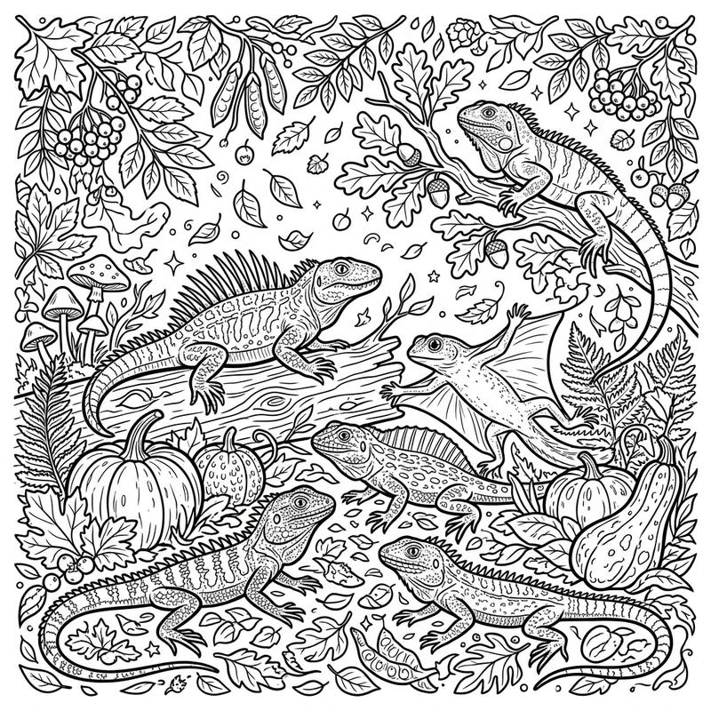 Discover a captivating coloring page featuring magnificent prehistoric lizards exploring a vibrant autumn landscape. This intricate design blends ancient reptiles with the cozy charm of fall, offering hours of creative enjoyment.