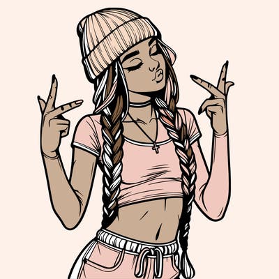 realistic teenage girl with braids and a beanie and crop top doing 🫶🏼