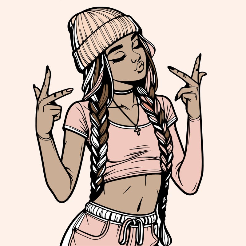realistic teenage girl with braids and a beanie and crop top doing 🫶🏼