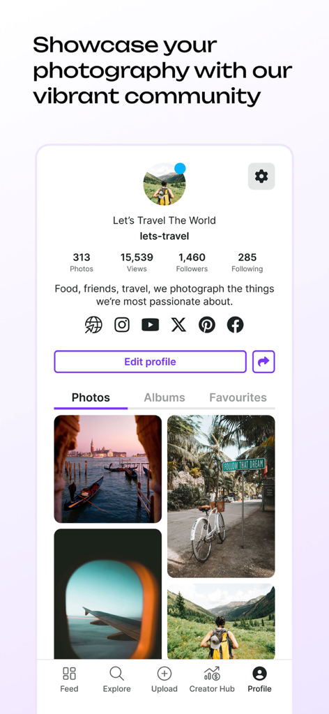 clickasnap - ClickASnap mobile app user profile screen displaying a photography gallery with travel and landscape images.