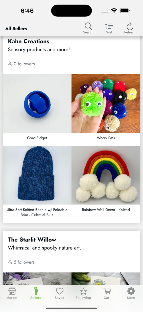 Mayhem Marketplace - Mayhem Marketplace app screen displaying a list of independent sellers and their handmade goods