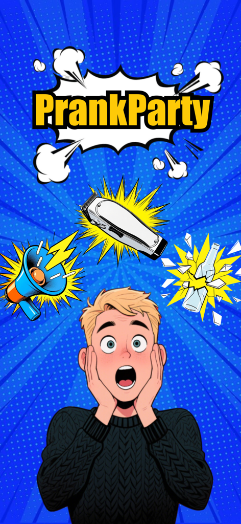 Comic style splash screen for Prank Party app featuring a shocked boy with air horn and hair clipper icons