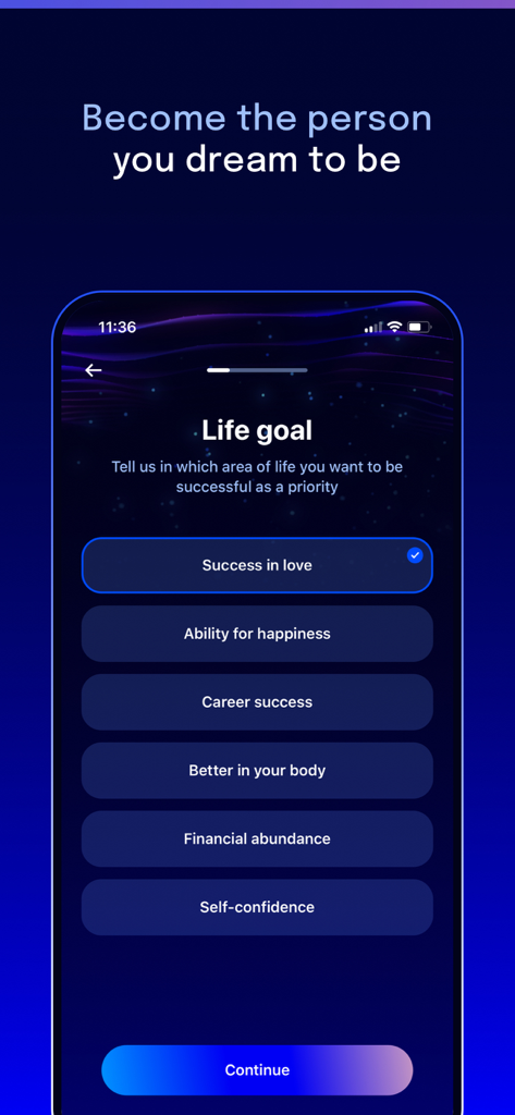 Deep Belief - Self hypnosis - A mobile app screen for selecting a primary life goal like career success or financial abundance in the Deep Belief hypnosis app
