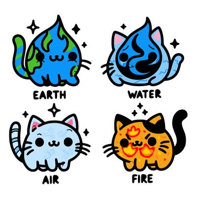 4 cats that represent the different elements, earth, water, air, and fire