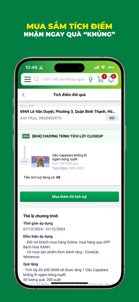 Tela do aplicativo Bách Hóa Xanh mostrando um programa de acúmulo de pontos de fidelidade e recompensas