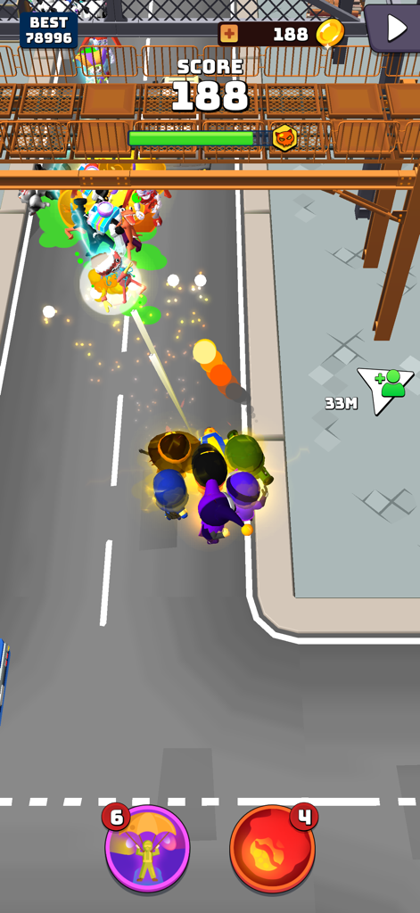 Team of superheroes battling waves of enemies on a city street in a 3D shooter game.