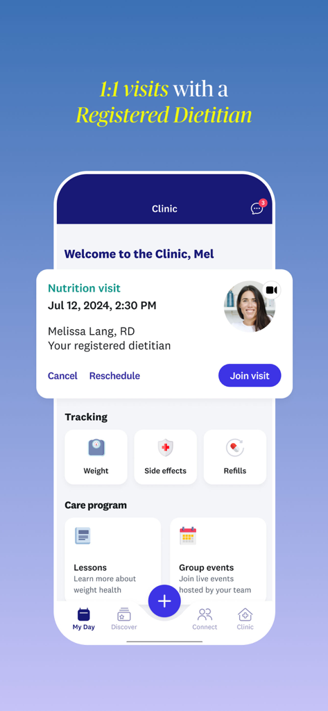 WeightWatchers Program - Pantalla de Clínica de WeightWatchers que muestra una visita de nutrición individual programada con un dietista registrado y funciones de seguimiento