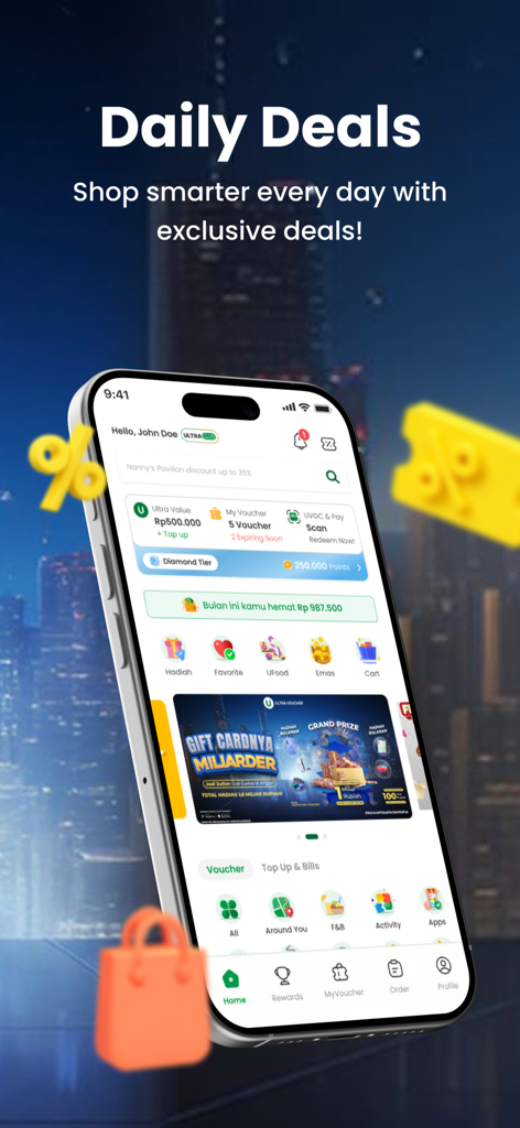 UltraVoucher: Diskon & UFood - UltraVoucher mobile app home screen showing daily deals and digital gift card options