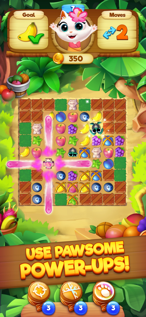 Tropicats match 3 puzzle gameplay with fruit tiles and a special power up effect