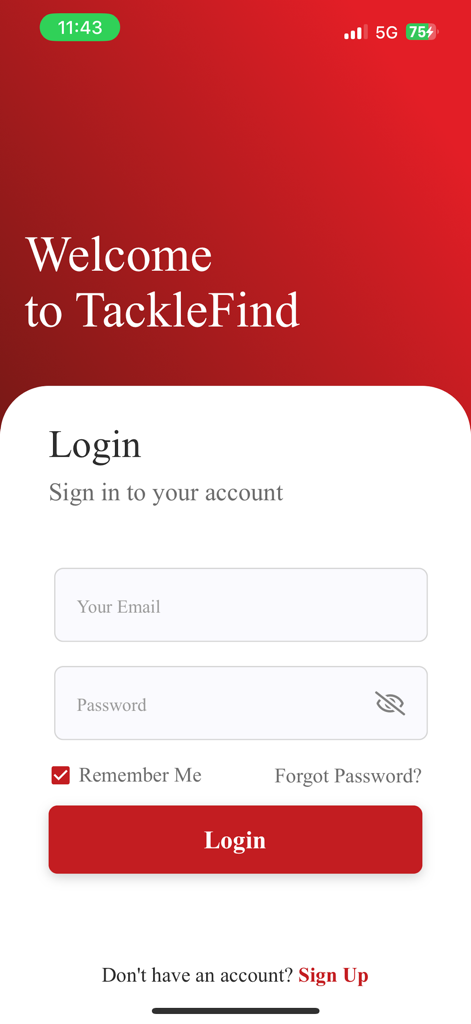Login screen for the TackleFind app showing email and password input fields on a red and white interface.