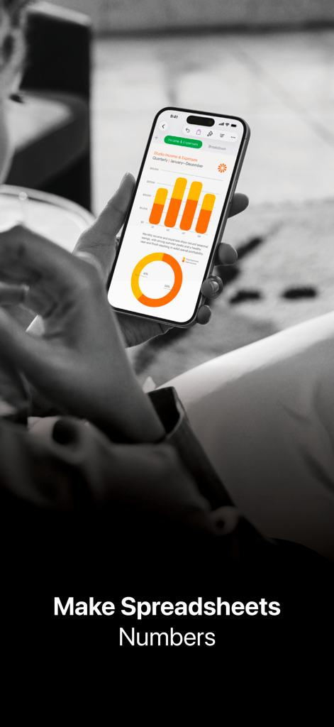 Hand holding an iPhone showing a colorful income and expenses dashboard in the Numbers app