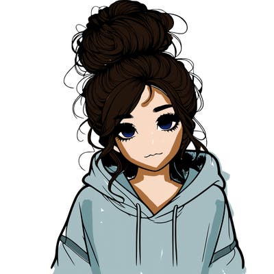 realistic girl with a massy bun and a hoodie