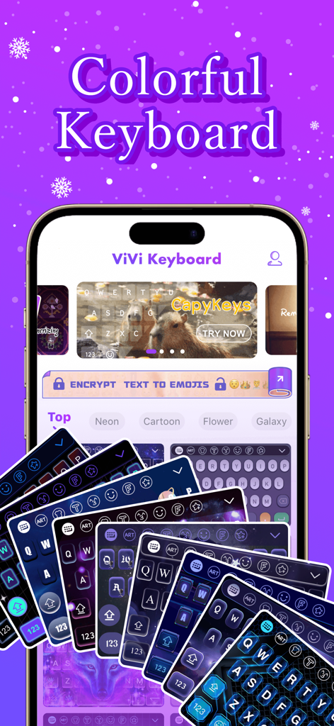 A smartphone screen displaying the ViVi Keyboard app interface with various colorful and aesthetic keyboard theme options like Neon and Galaxy.