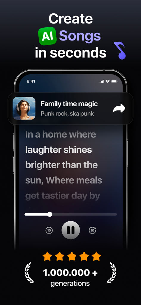 Smartphone screen showing the Muzio app interface with AI generated song lyrics and music playback controls