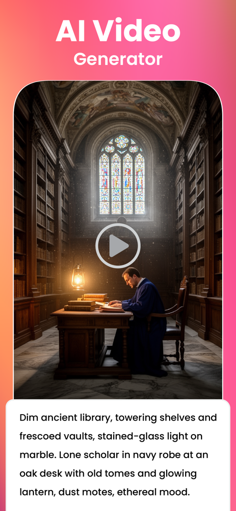 AI video generator showing a scholar in an ancient library from a text prompt