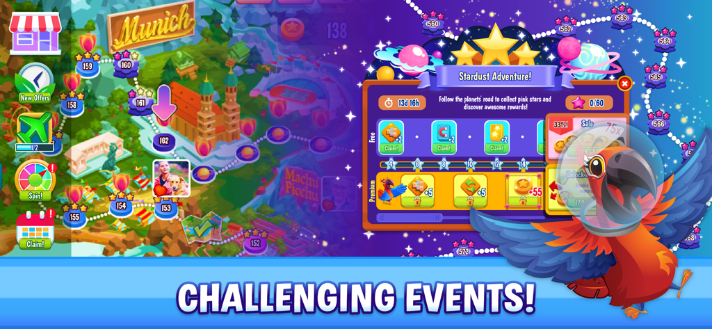 마작 트레일 게임 화면에 세계 지도와 앵무새 로리가 있는 Stardust Adventure 특별 이벤트 팝업 표시.