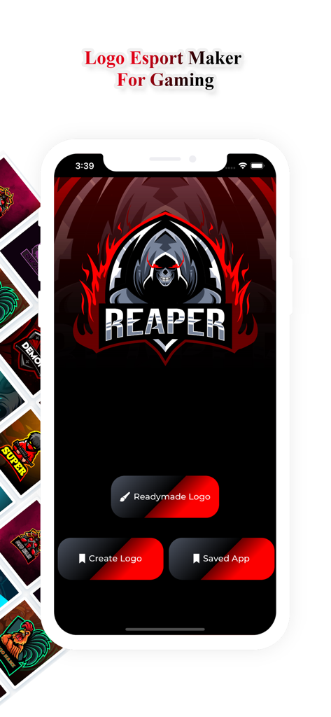 Main interface of the Logo Esport Maker app featuring a reaper mascot logo design.
