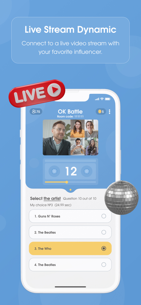 OK Battle - Interfaz de la aplicación OK Battle que presenta un concurso de trivia musical en vivo con un influencer